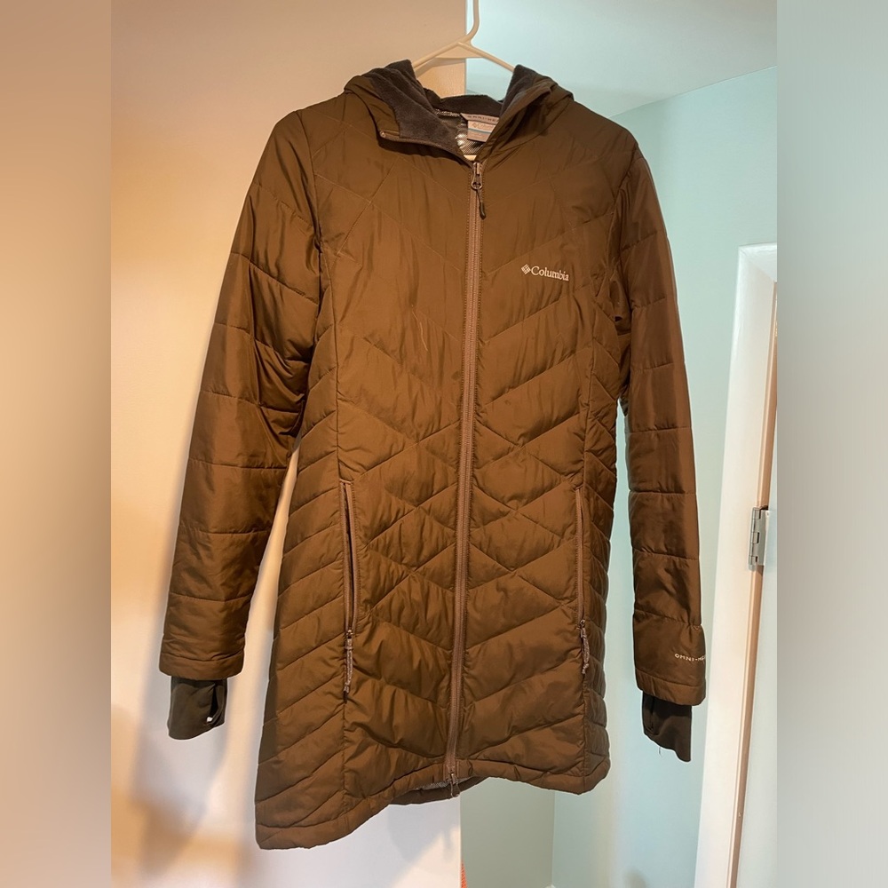 Columbia lightweight down jacket, brown/dark green/olive.